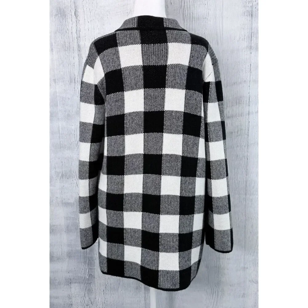 Talbots Black White Buffalo Plaid Open Cardigan Womens XL Knit Sweater w/Pockets